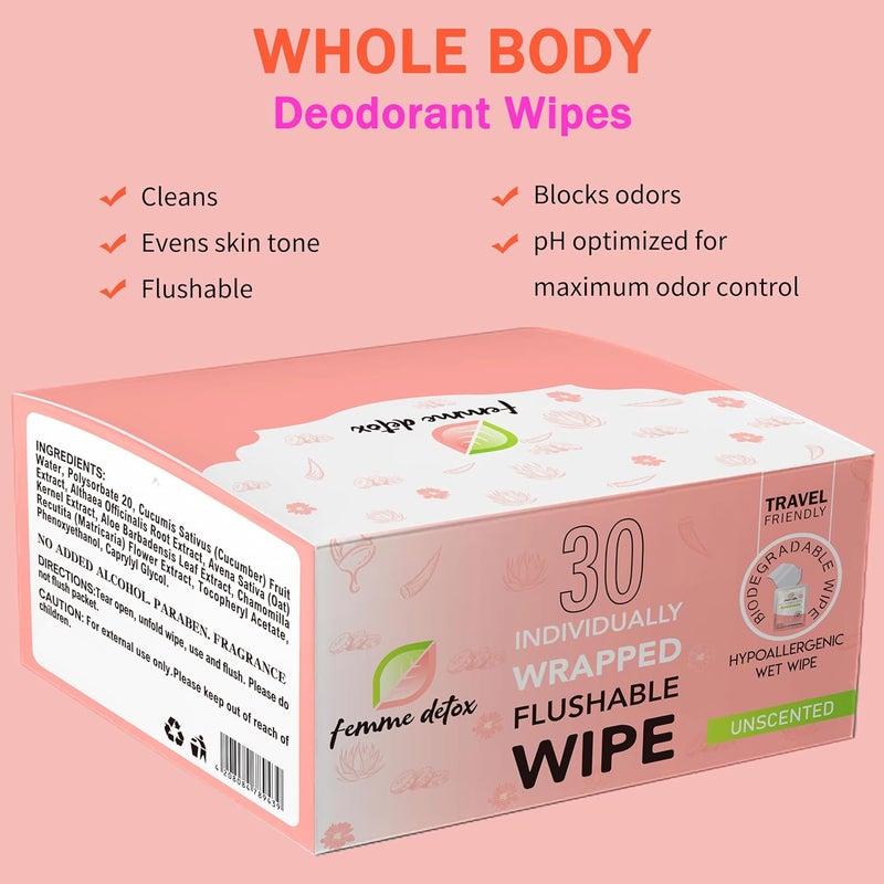 USTAR 30 Count Flushable Feminine Wipes pH-Balanced & Unscented for Sensitive Skin | Individually Wrapped, Septic-Safe, Aloe-Infused | Travel & Home Use - Image 2
